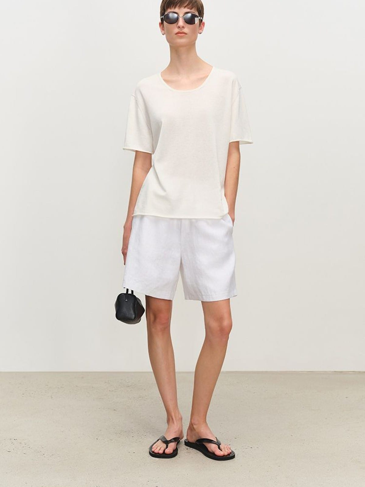 MSBEAST Rolled Edge Silk Cotton U Neck T Shirt in White - On Female Model