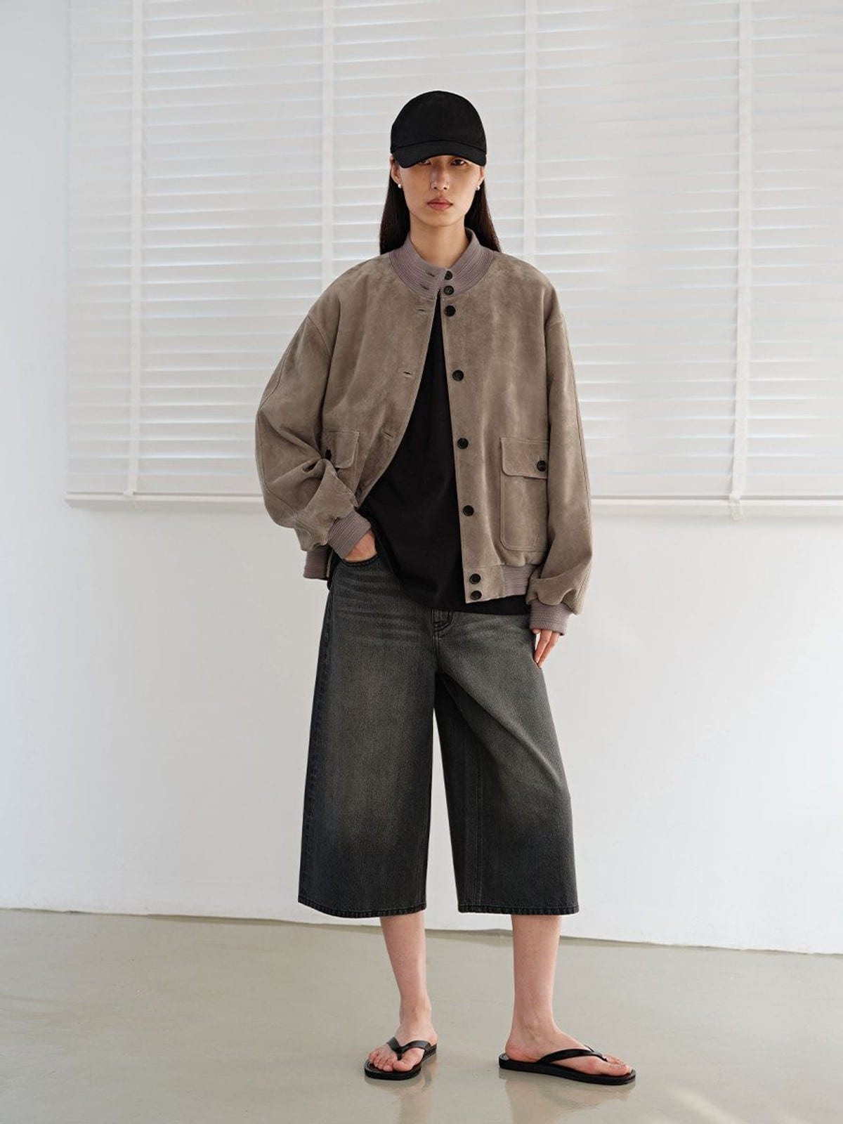 MSBEAST Oversized Sheep Suede Bomber Jacket in Beige - On Female Model