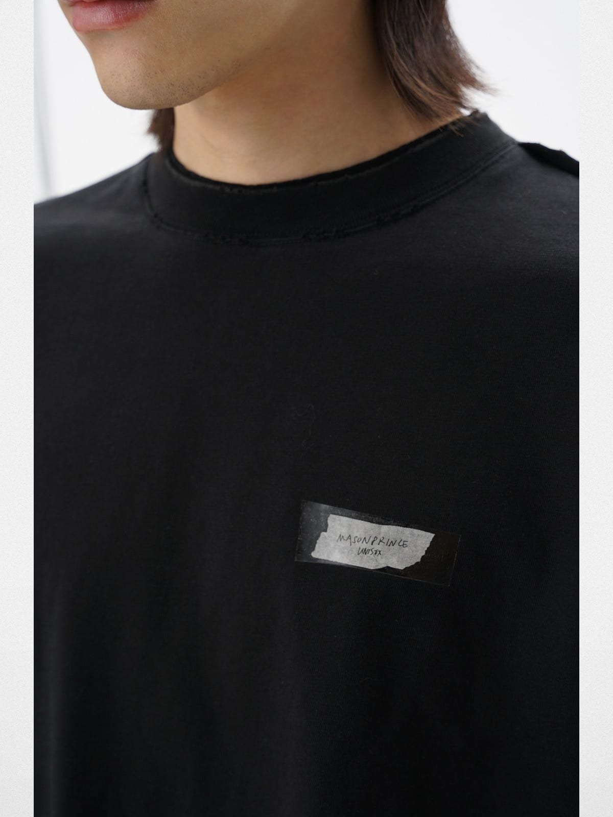 MASONPRINCE Exposed Seam Tape Print T Shirt in Black - On Male Model
