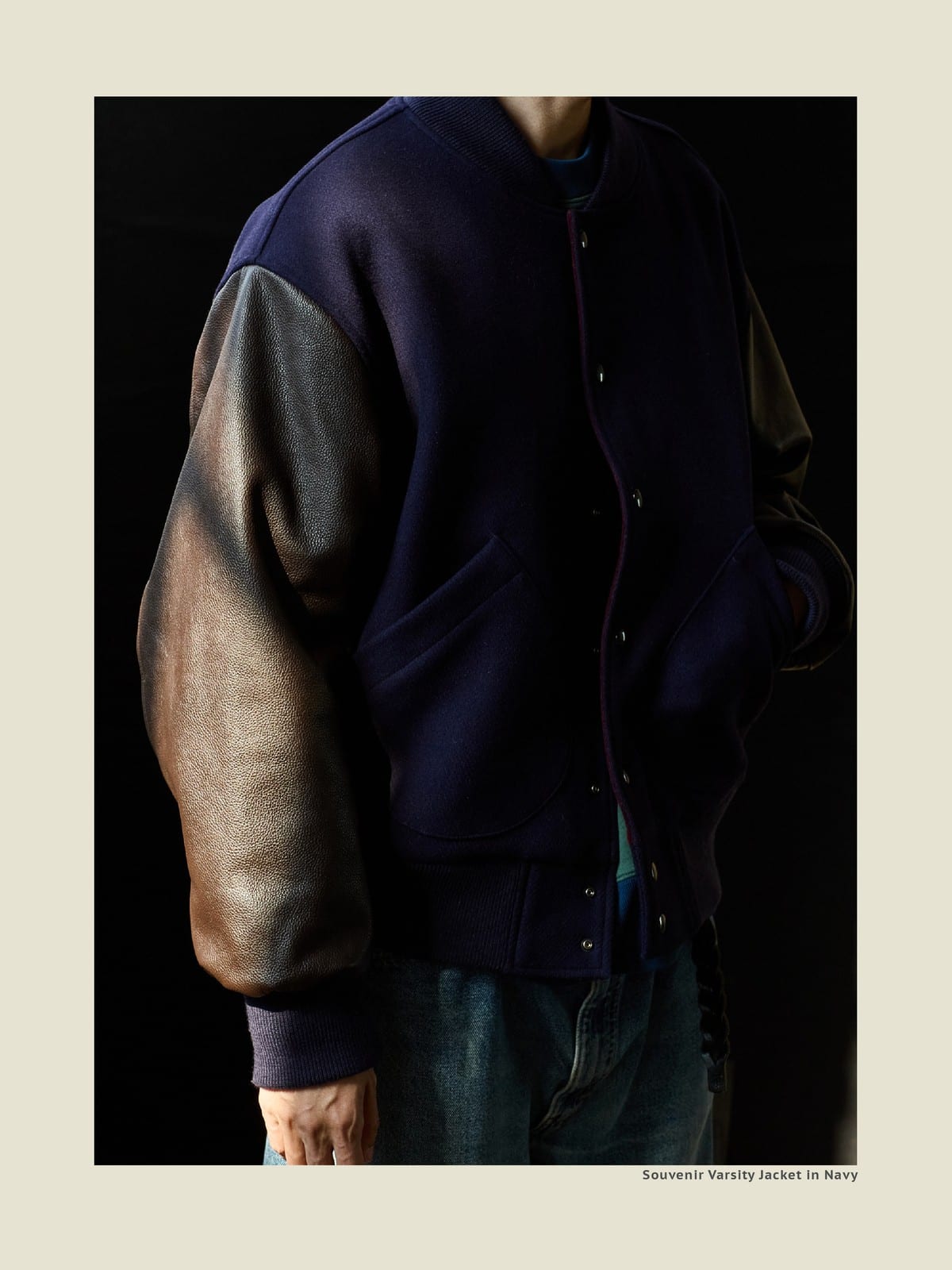 USAGE Reversible Velvet Leather Varsity Jacket in Navy Blue - On Male Model