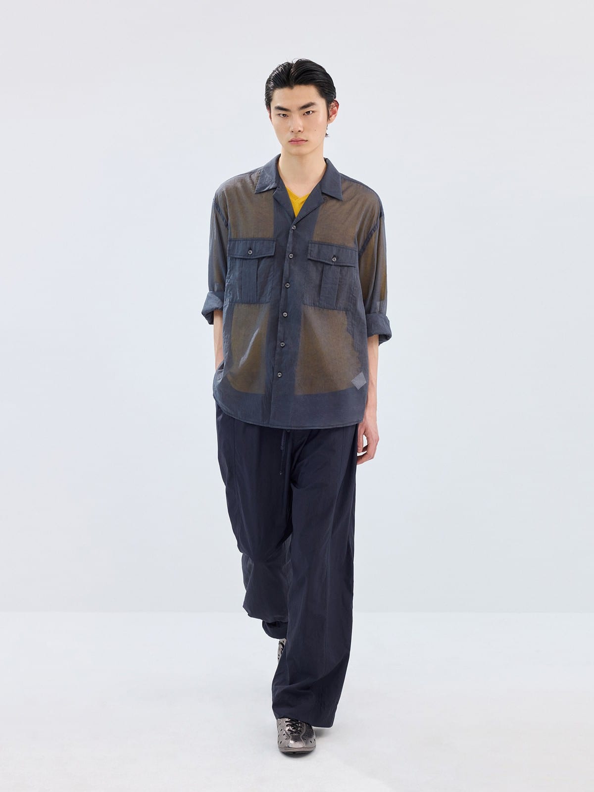 SIMPLE PROJECT Sheer Cotton Blend Organza Shirt in Gray - On Male Model