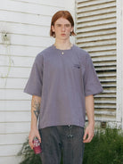 SOD Online Store Deconstructed Panel Cotton T Shirt in Purple - On Male Model