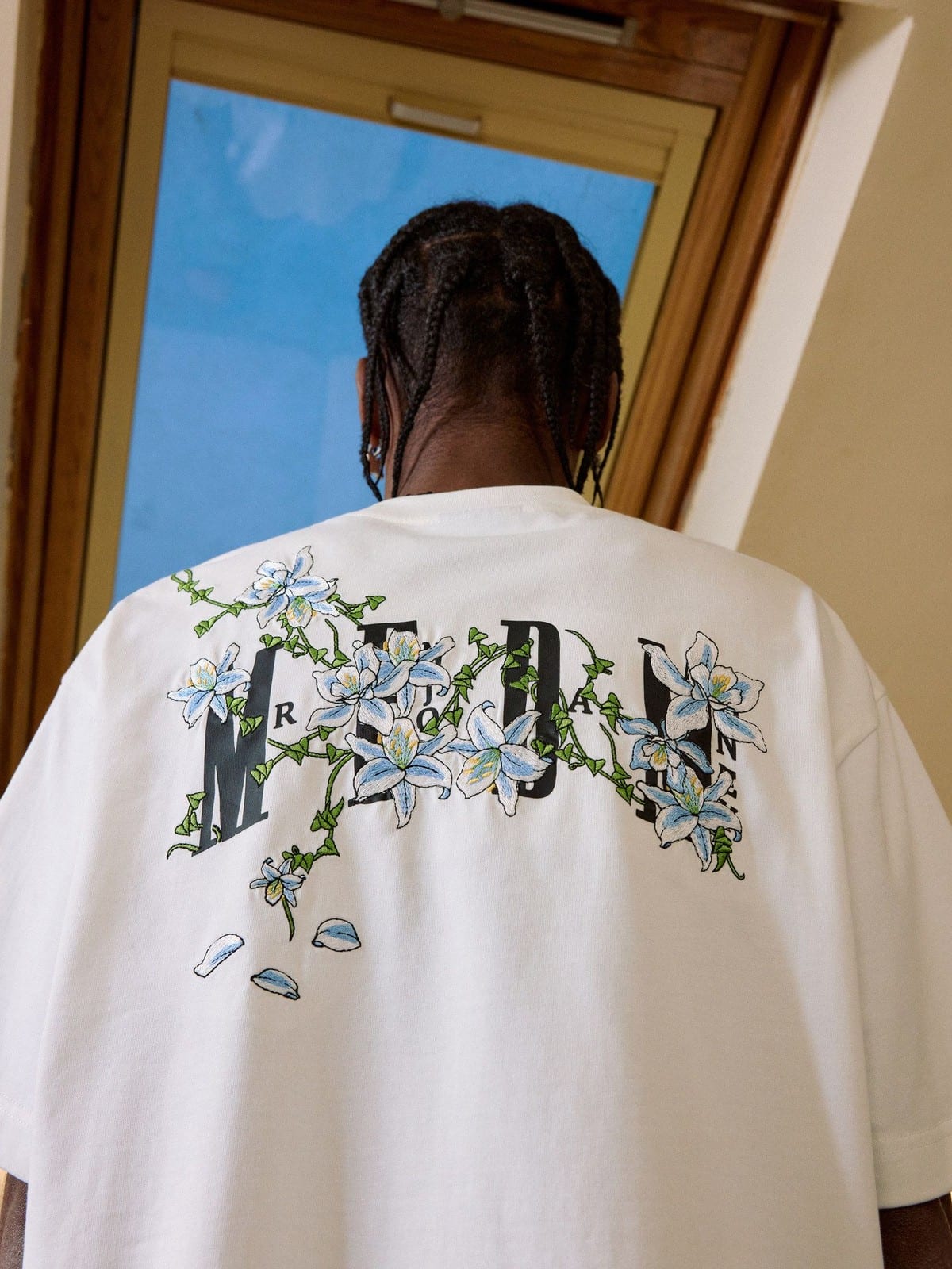 MEDM Floral Vine Embroidered T Shirt in White - On Model