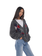 SweetChilling Argyle Jacquard V Neck Sweater in Gray - On Female Model