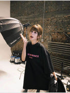 MASONPRINCE Blurred Graphic Cotton T Shirt in Black - On Female Model