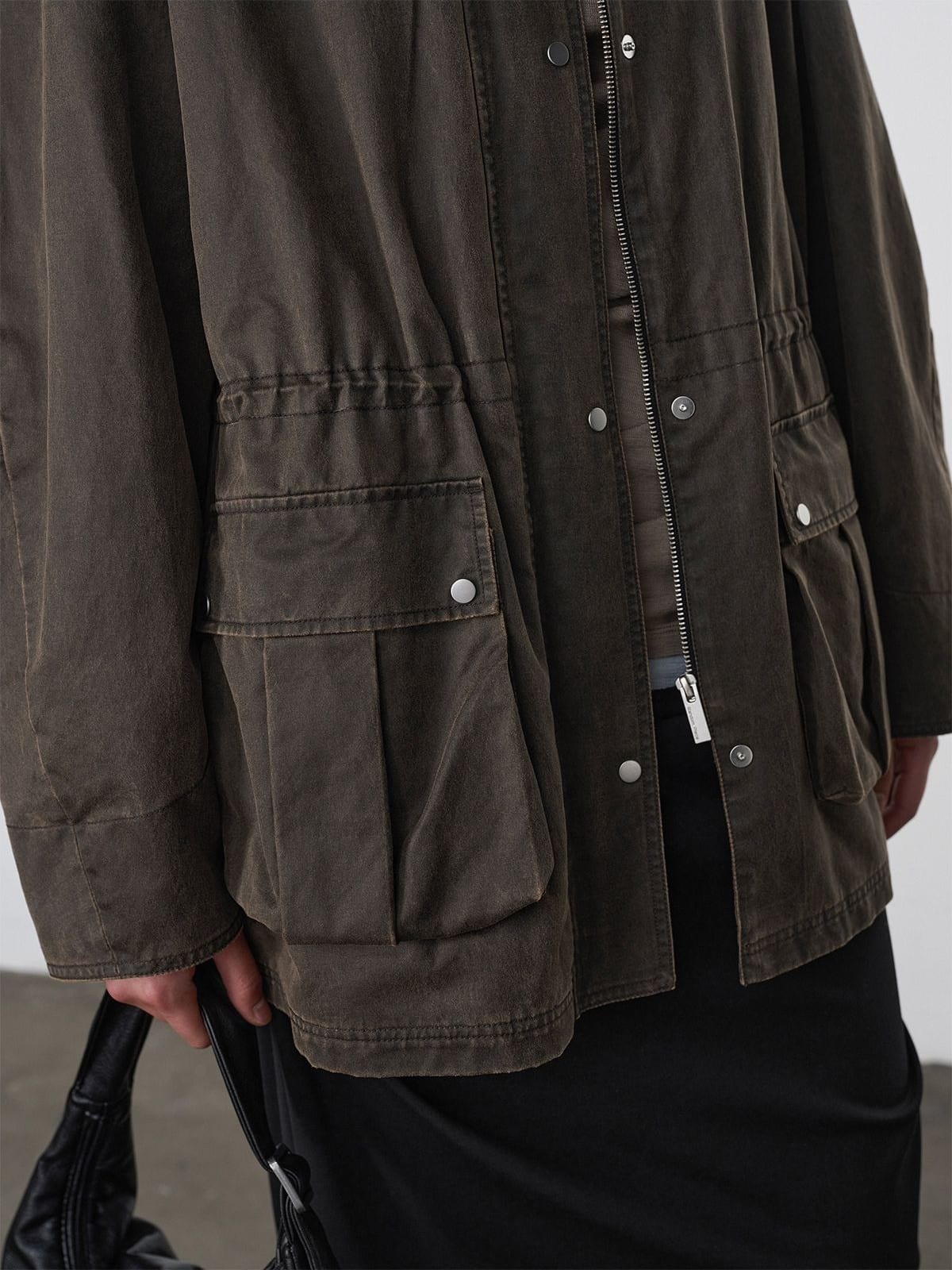 Random Piece Matte Coated Utility Jacket in Olive - On Model