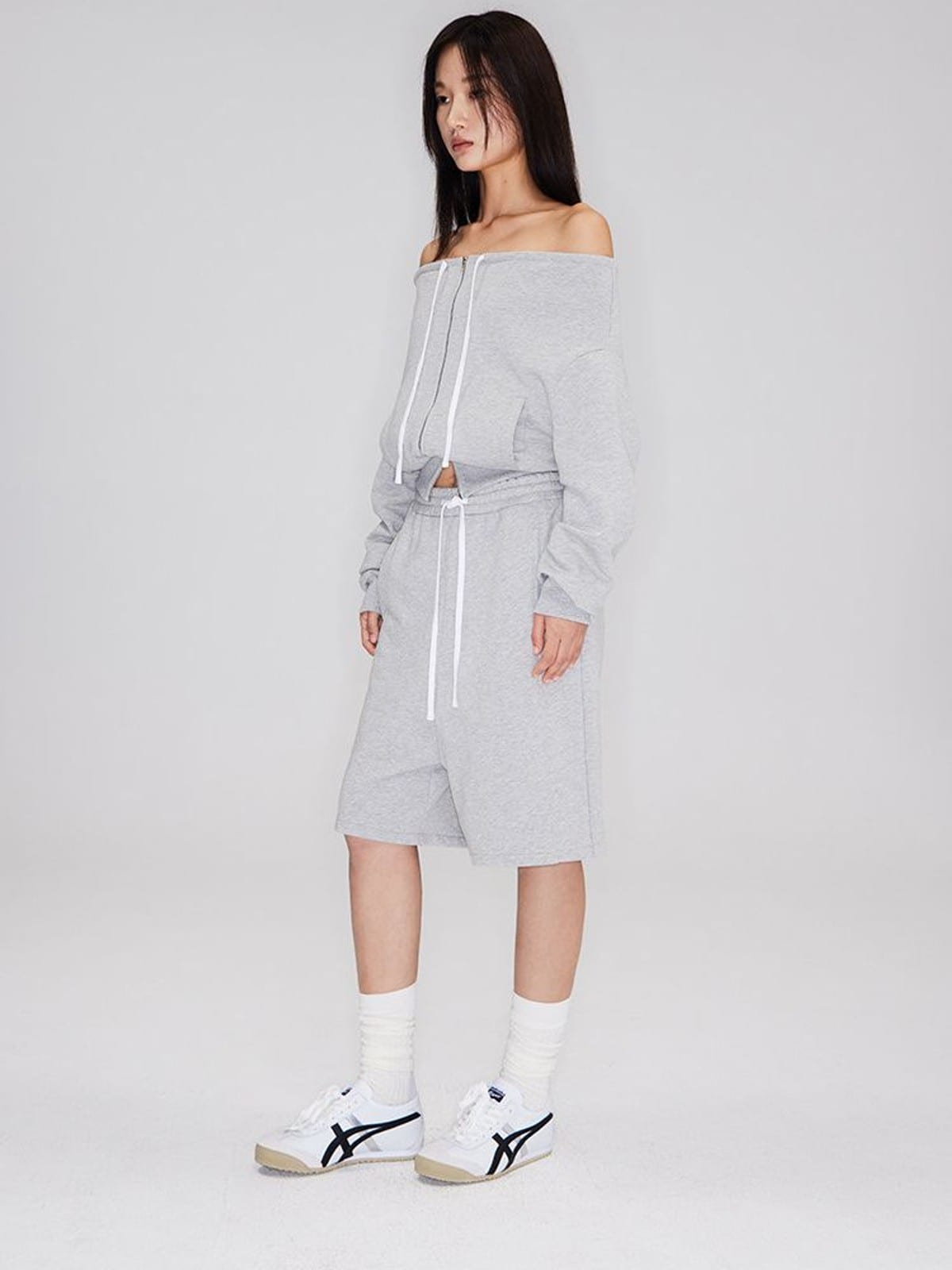 RARELY ALIKE Cotton Drawstring Sweat Shorts in Gray - On Female Model