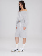 RARELY ALIKE Cotton Drawstring Sweat Shorts in Gray - On Female Model