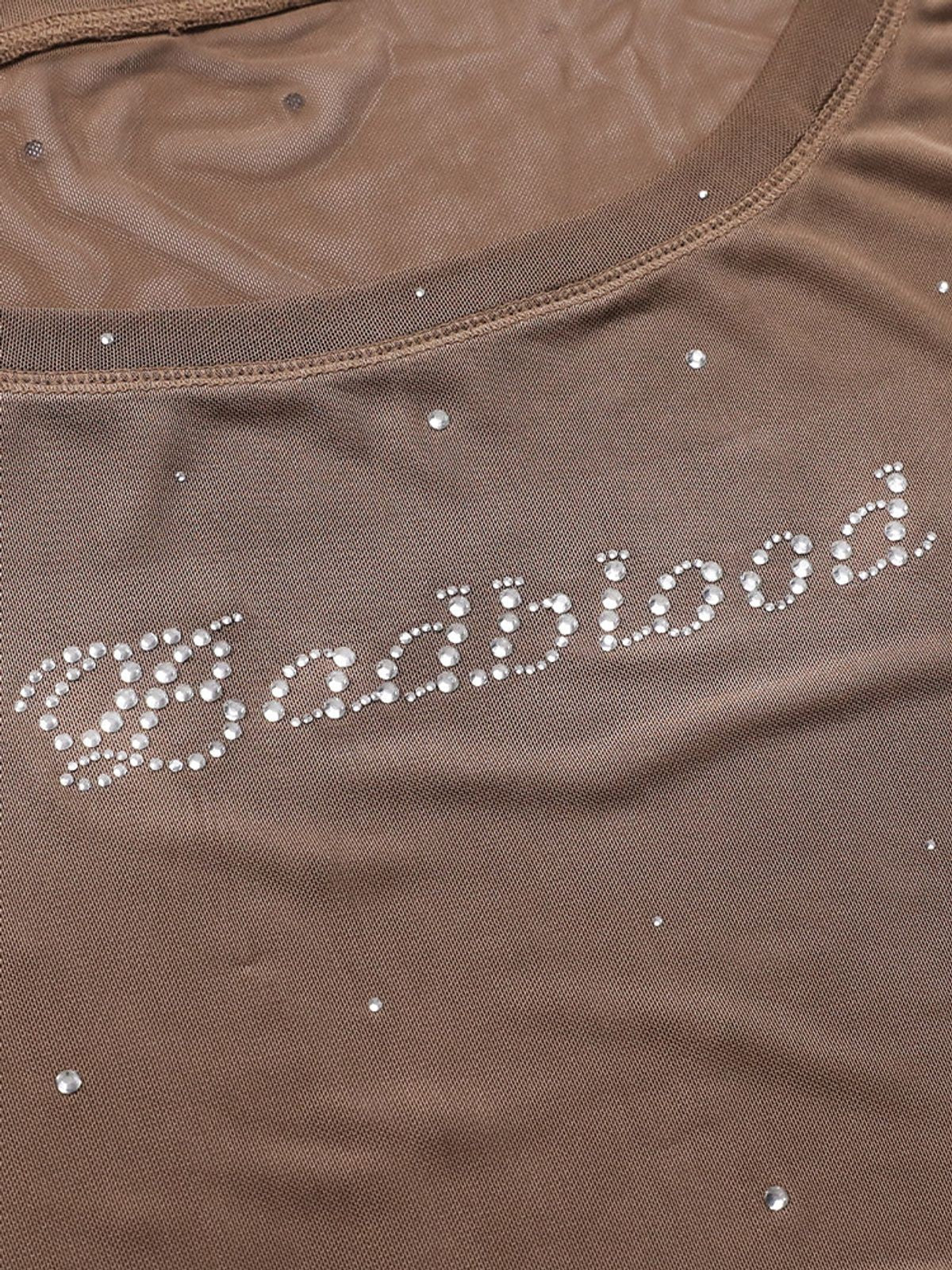 BADSEED Sheer Mesh Rhinestone Off Shoulder Top in Brown - Detail