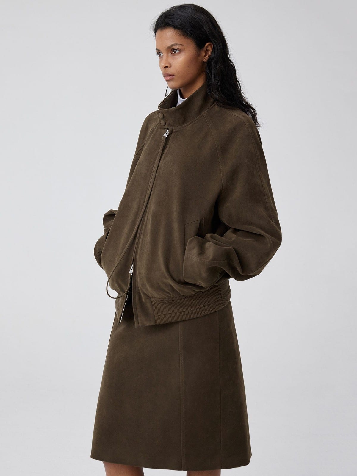 SIMPLE PROJECT Suedette Harrington Jacket in Brown - On Female Model