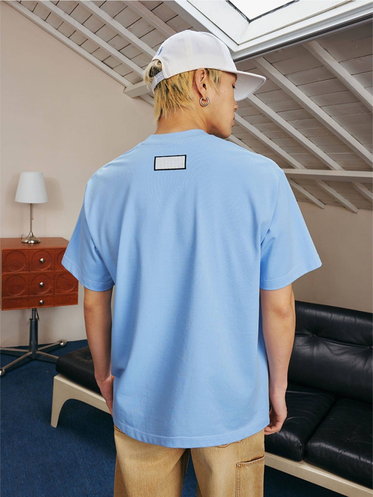 MEDM Pearl Embellished Letter Cotton T Shirt in Sky Blue - On Model