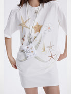 THELIGHT OFFICIAL Rhinestone Starfish Motif T Shirt in White - On Female Model