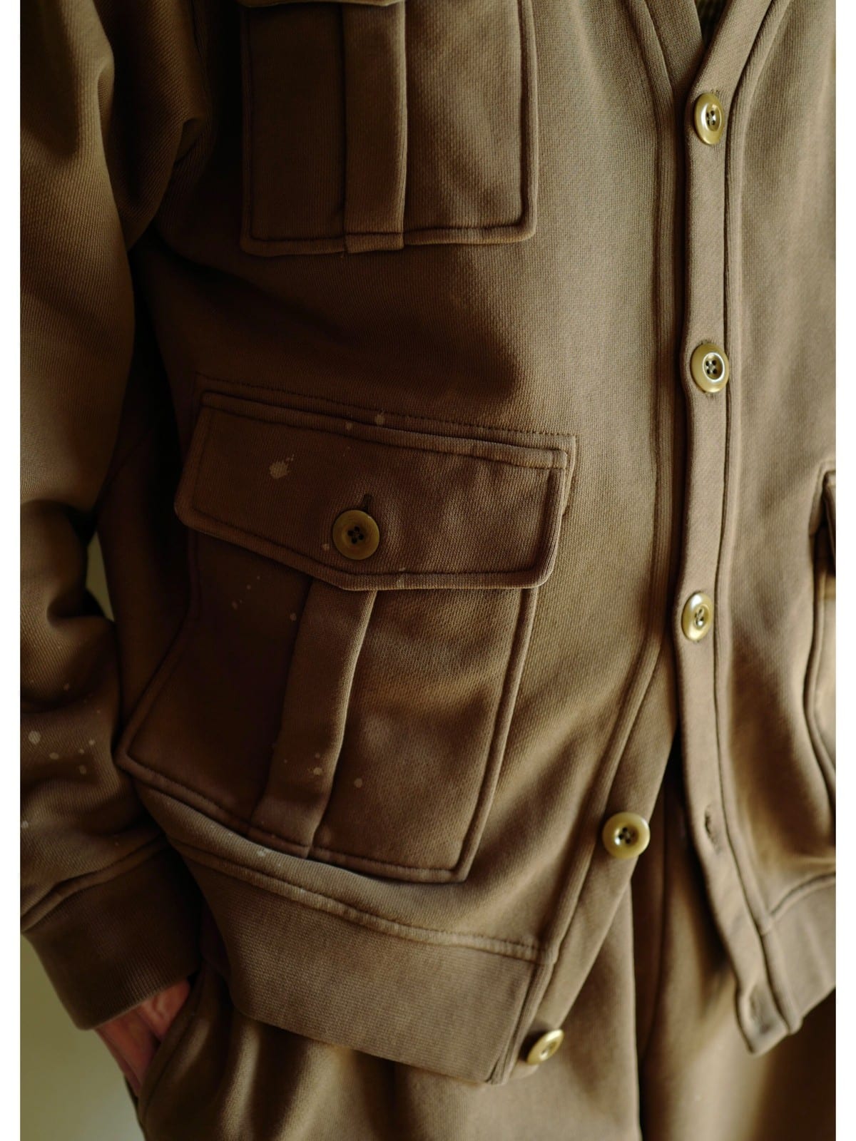 USAGE Cotton Safari Pocket Cardigan Sweatshirt in Beige - On Model