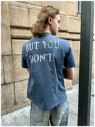 VLABMADE Distressed Slogan Boxy T Shirt in Blue - On Model