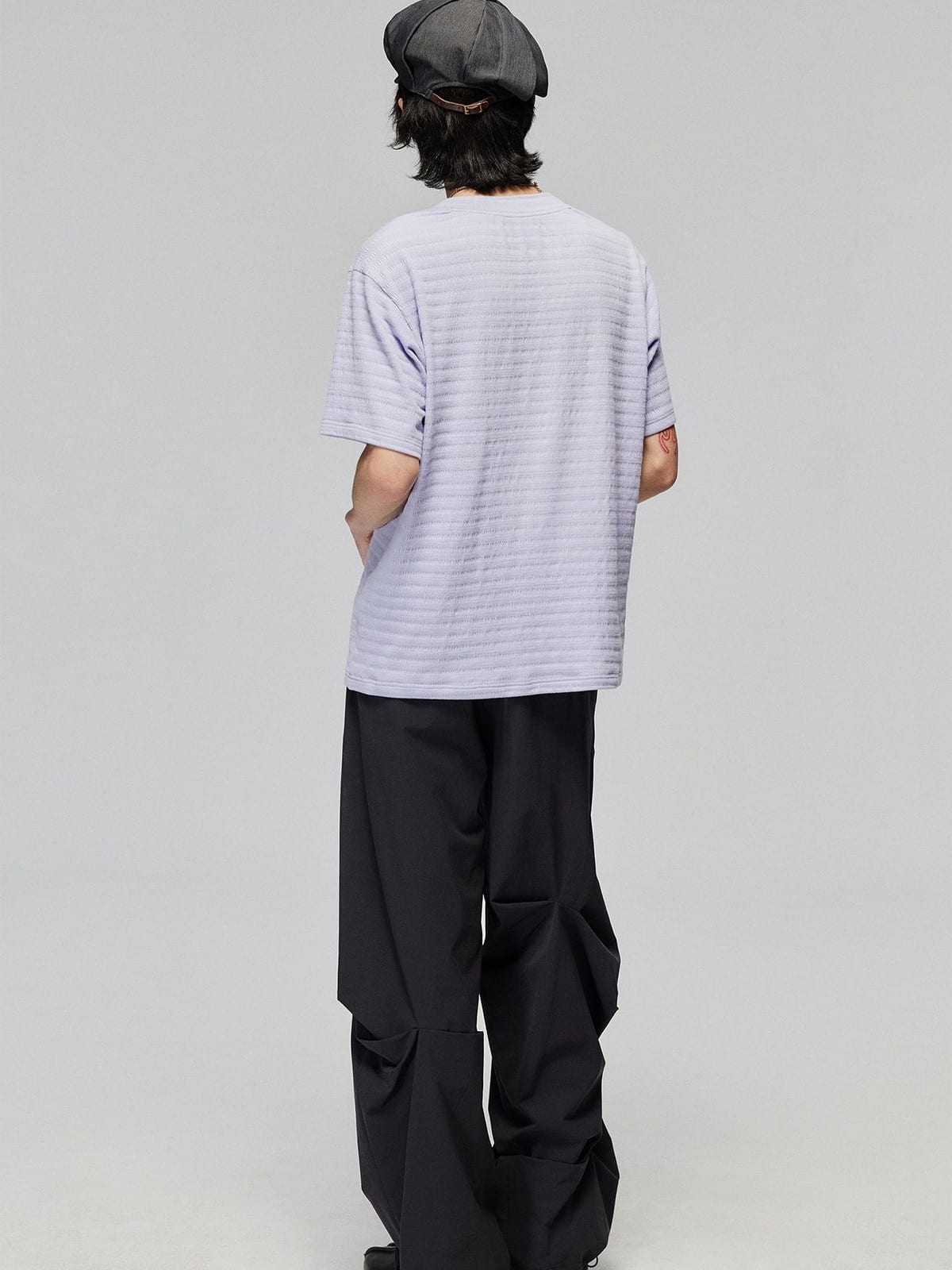 SIMPLE PROJECT Textured Diagonal Paneled T Shirt in Lavender - On Model
