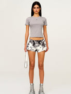 SMFK Embroidered Cross Crewneck Tee in Gray - On Female Model