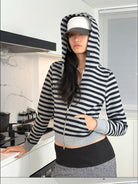 RARELY ALIKE Cropped Striped Zip Up Hoodie in Navy - On Female Model