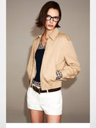 PUKI Washed Cotton Barn Jacket in Khaki - On Female Model
