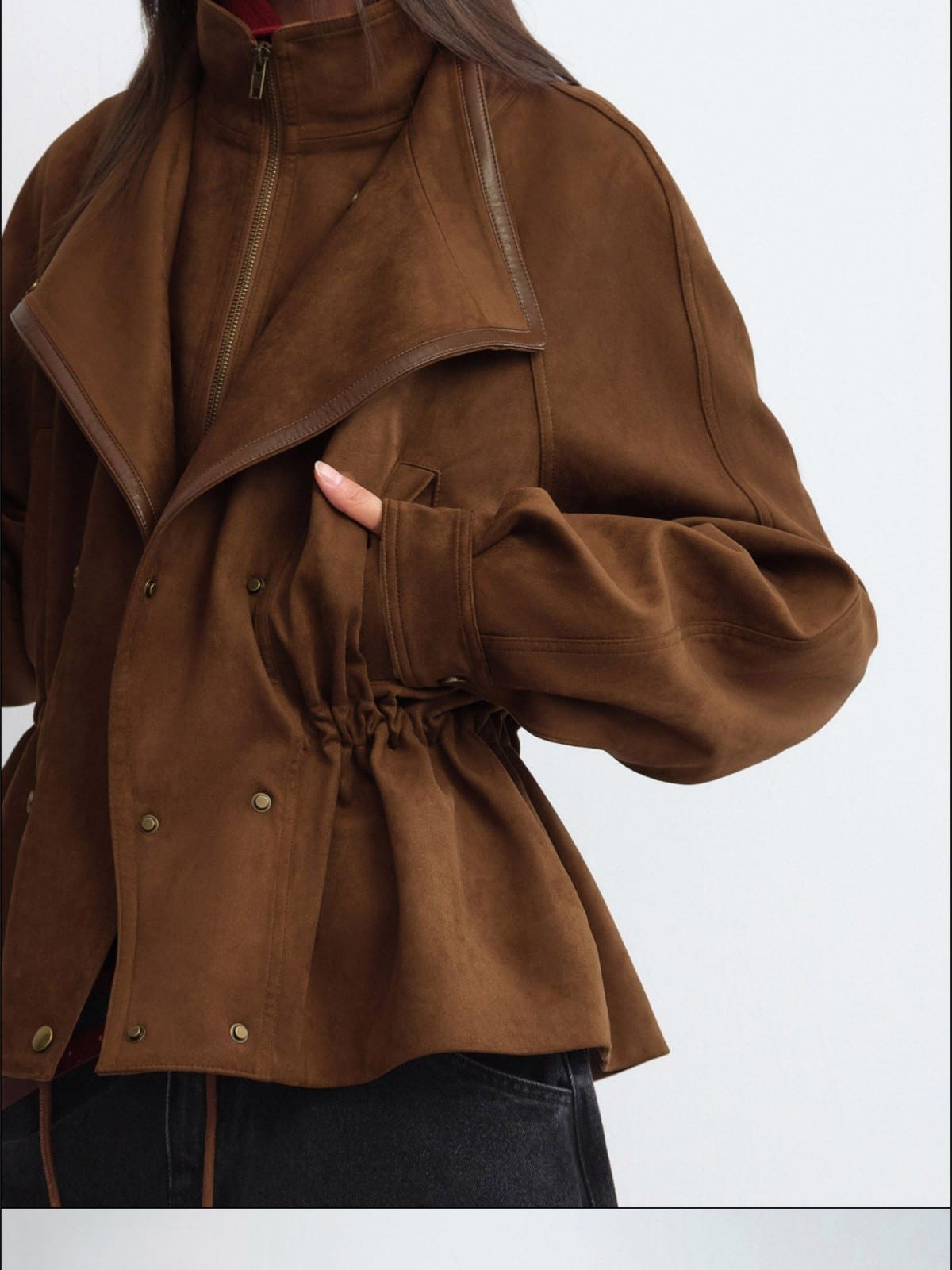 RARELY ALIKE Layered Drawstring Stand Collar Jacket in Brown - On Female Model