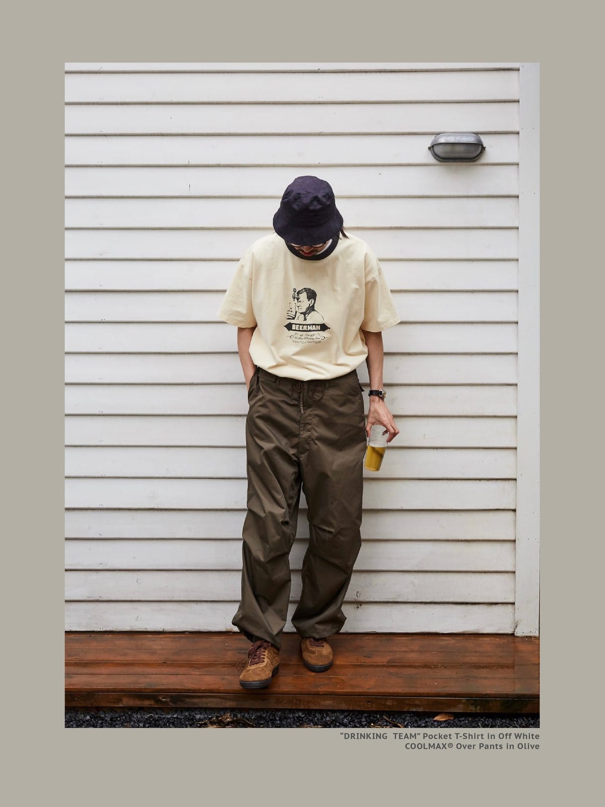 USAGE Graphic Cotton Ringer T Shirt in Cream - On Male Model