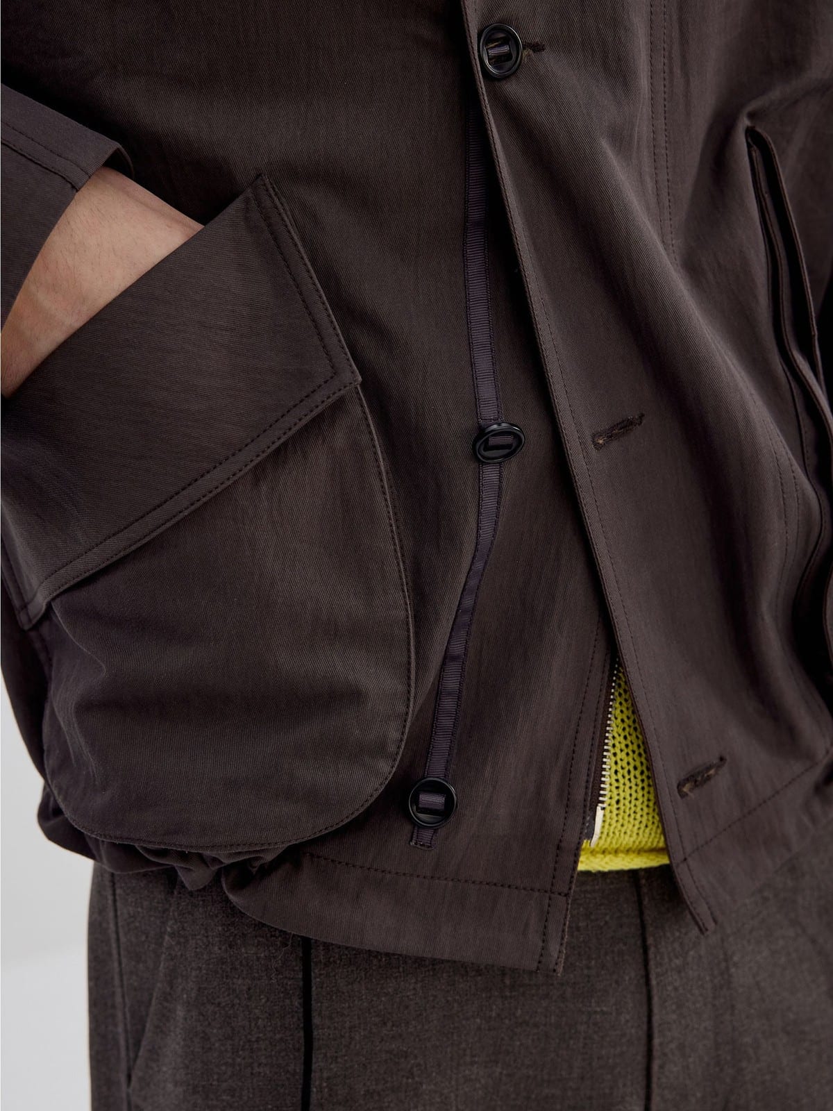 SIMPLE PROJECT Cotton Nylon High Neck Jacket in Brown - On Model