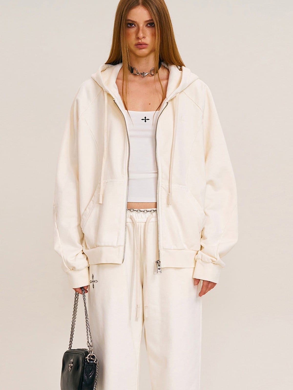 SMFK Distressed Washed Cotton Zip Up Hoodie in White - On Female Model