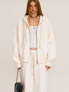 SMFK Distressed Washed Cotton Zip Up Hoodie in White - On Female Model