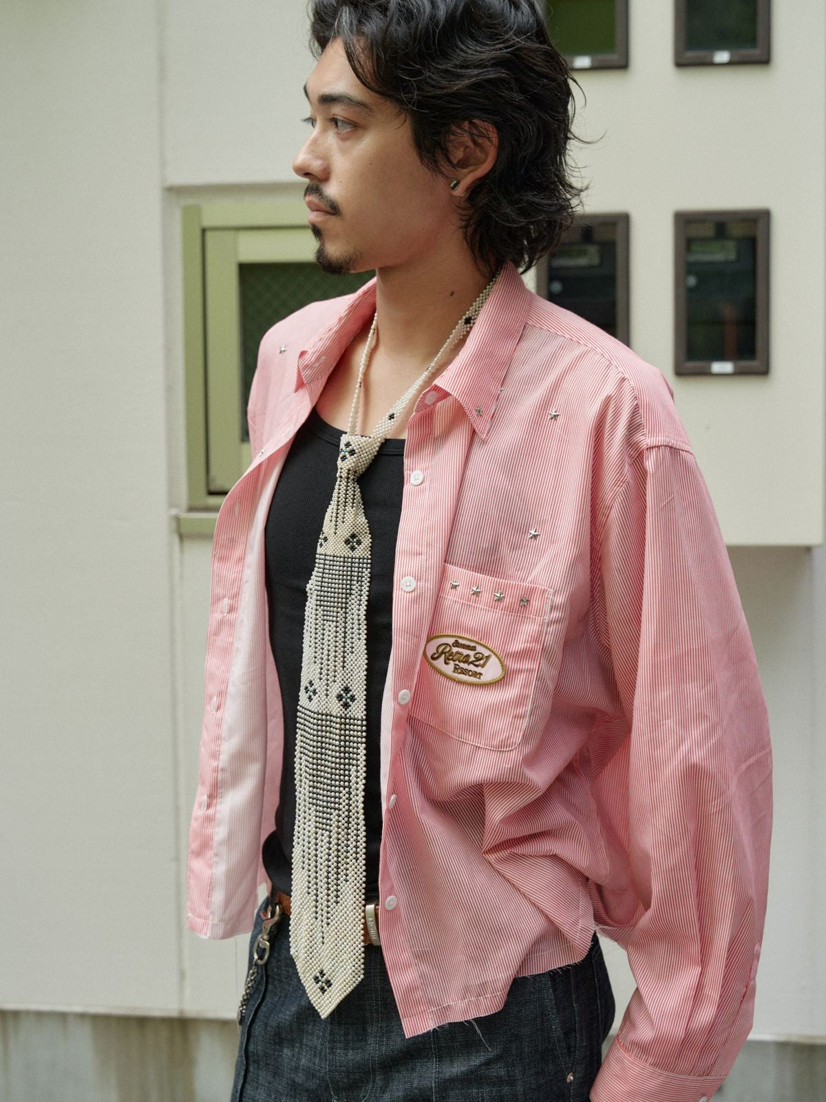 Retro 21 Star Studded Striped Cropped Shirt in Pink - On Male Model