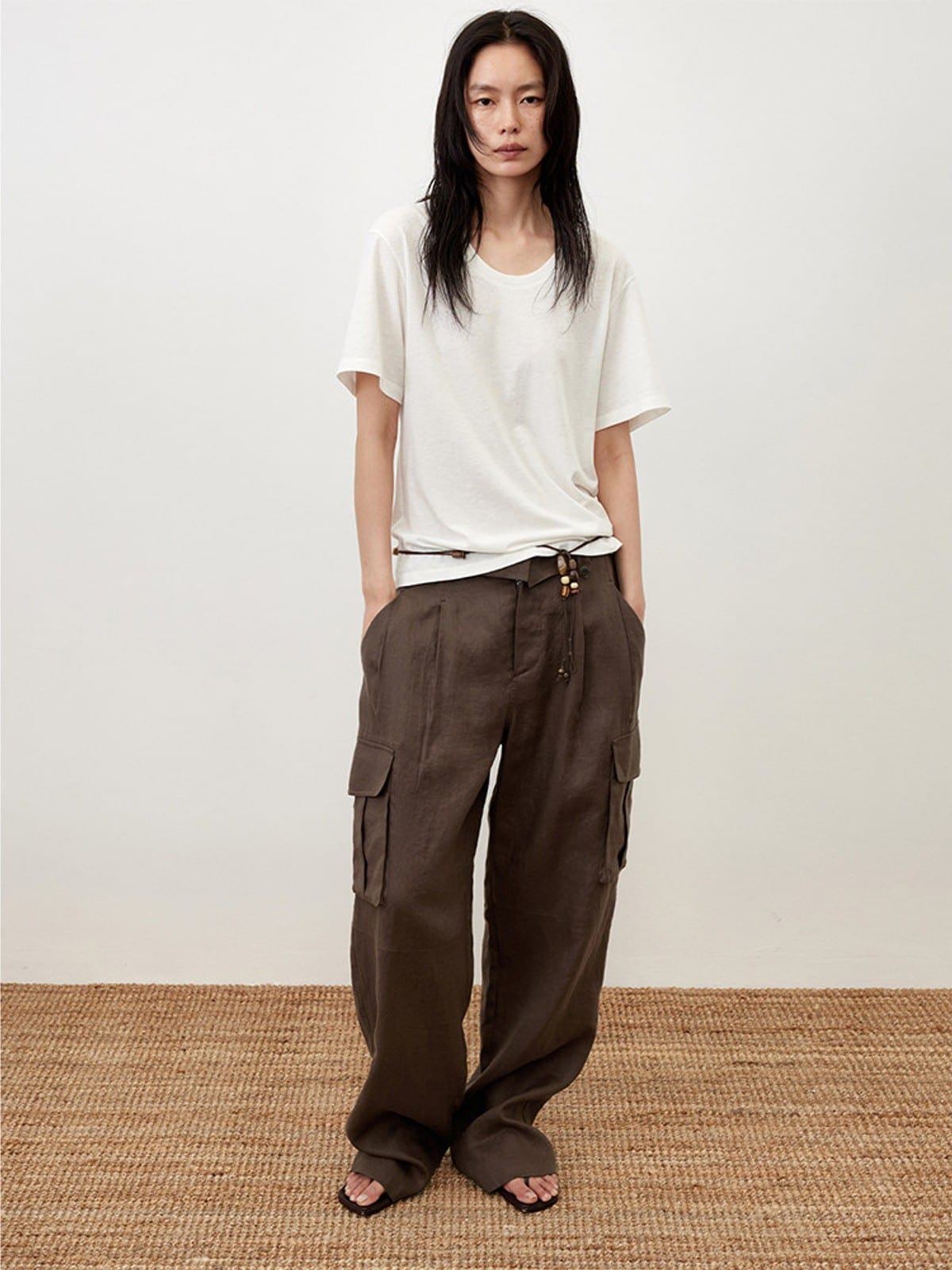 Random Piece Linen Blend U Neck T Shirt in Brown - On Female Model