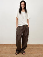 Random Piece Linen Blend U Neck T Shirt in Brown - On Female Model
