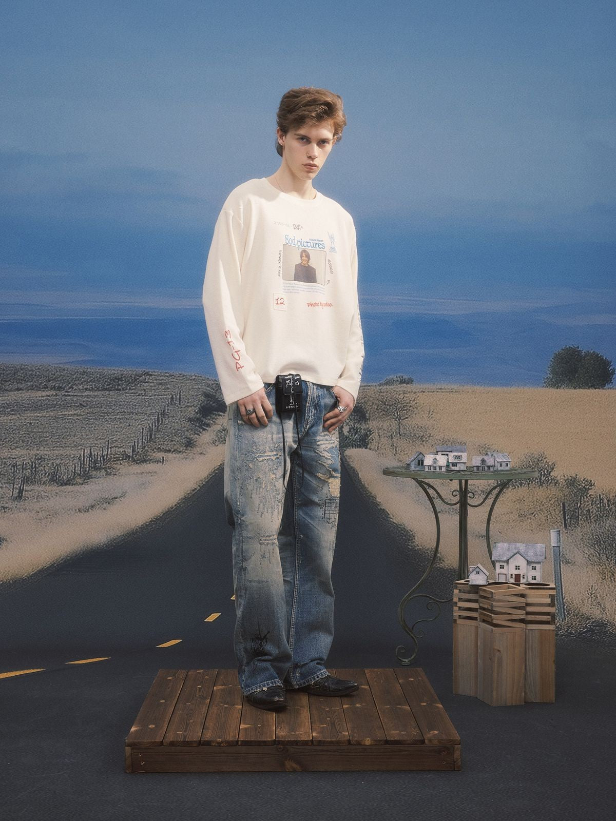 SOD Keanu Graphic Waffle Knit Top in White - On Male Model
