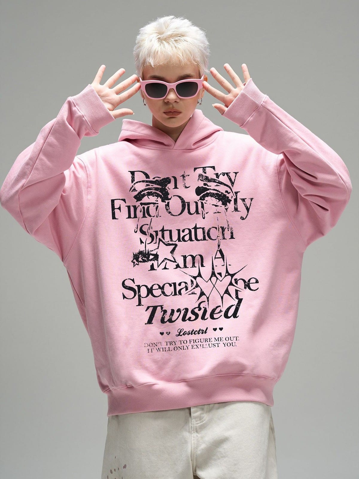 LOSTCTRL Graphic Print Fleece Hoodie in Pink - On Female Model