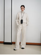 MSBEAST Fleece Lined Cotton Sweatshirt Pants Set in Beige - On Female Model