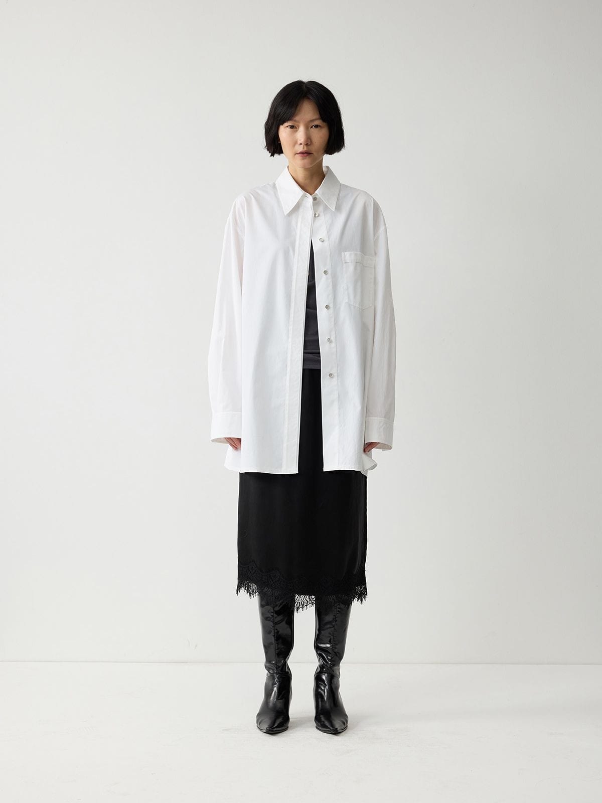 Random Piece Oversized Cotton Button Down Shirt in White - On Female Model