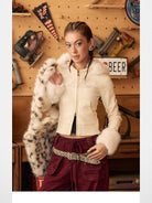 BeerBro Fur Trimmed Rhinestone Knit Hoodie in Apricot - On Female Model