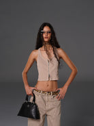 SMFK Slim Leather Belt with Cross Buckle in Brown - On Female Model