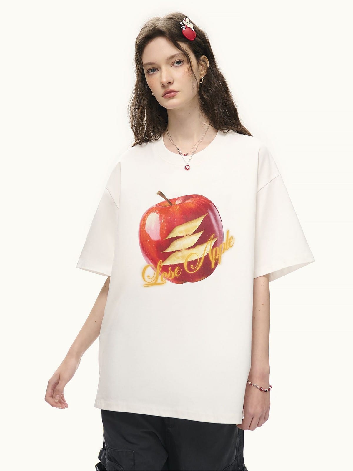 LOSTCTRL Apple Graphic Print T Shirt in White - On Female Model