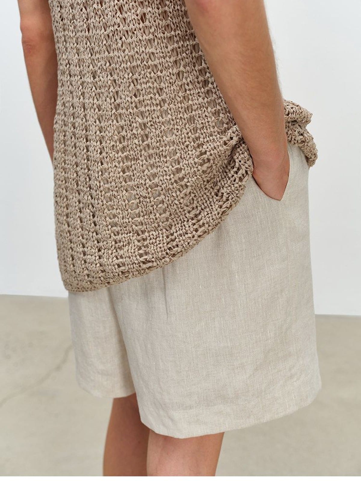 MSBEAST 100 Linen Knee Length Shorts in Beige - On Model
