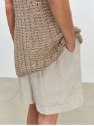 MSBEAST 100 Linen Knee Length Shorts in Beige - On Model