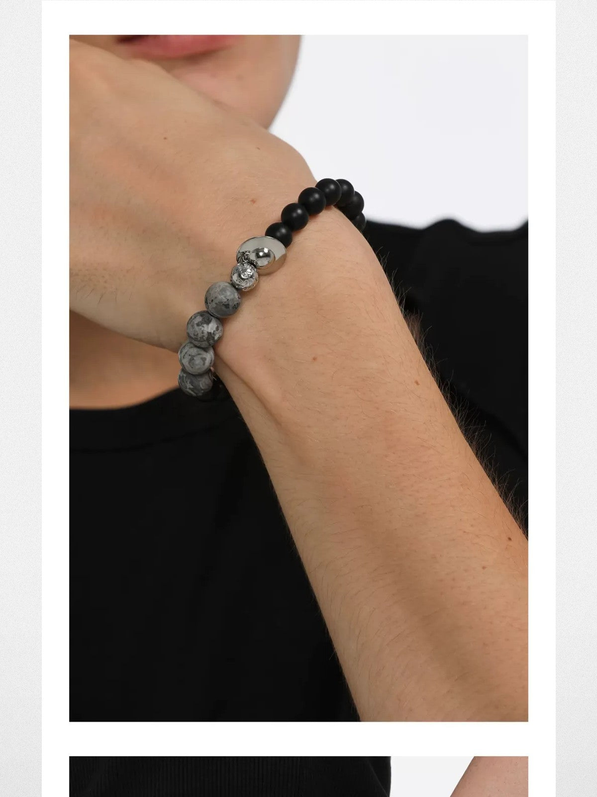 BLACKHEAD Black Agate Steel Beaded Bracelet in Black - On Male Model
