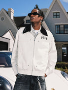 MEDM Embroidered Harrington Jacket in White - On Male Model