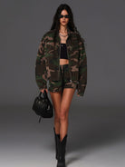 SMFK Cotton Blend Cargo Shorts in Green - On Female Model