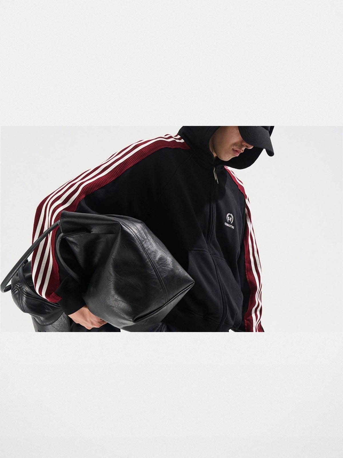 BLINDNOPLAN Contrast Tape Zip Up Hoodie in Black - On Male Model