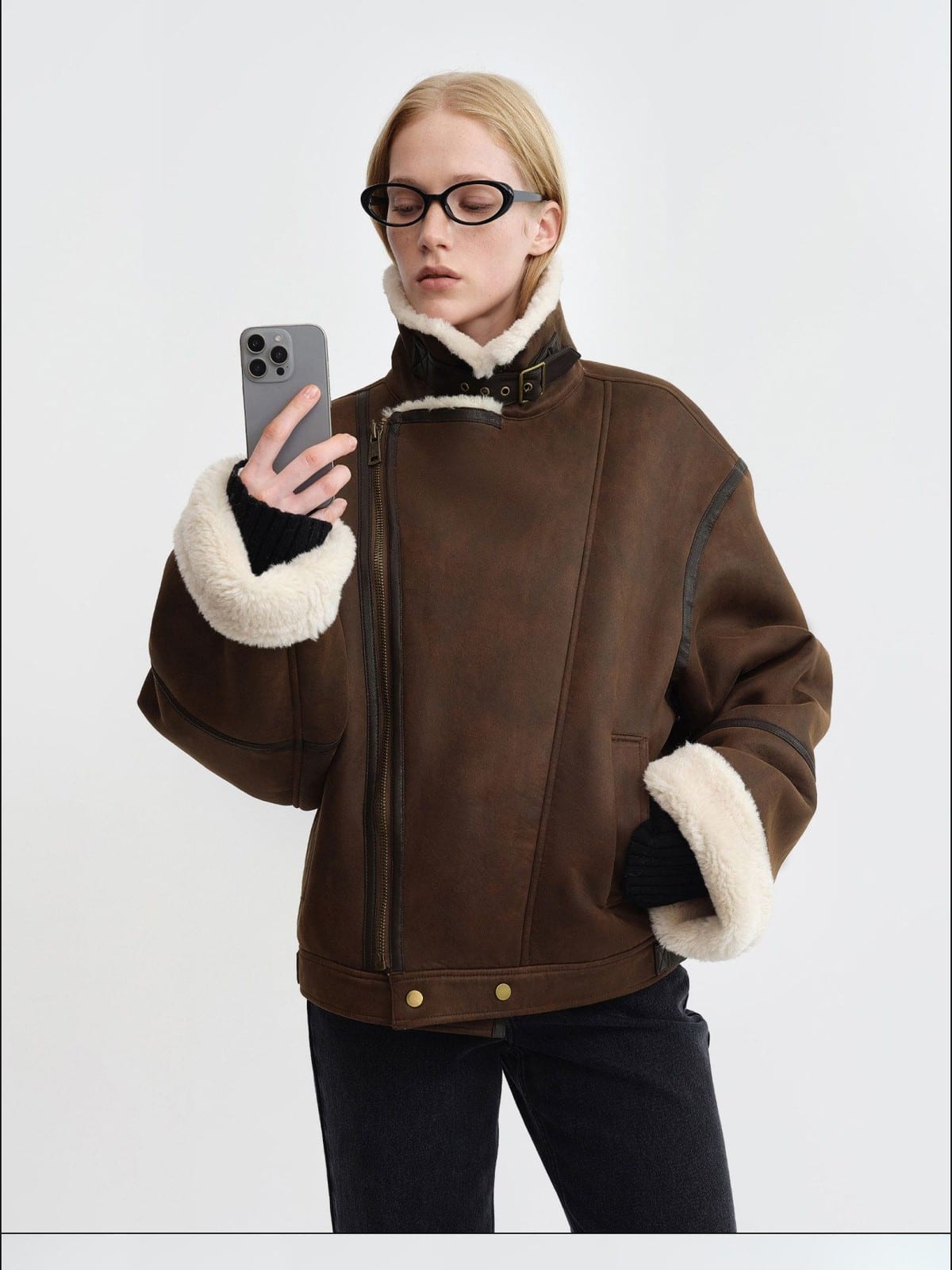 RARELY ALIKE Oversized Faux Shearling Lapel Jacket in Brown - On Female Model