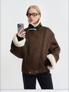 RARELY ALIKE Oversized Faux Shearling Lapel Jacket in Brown - On Female Model
