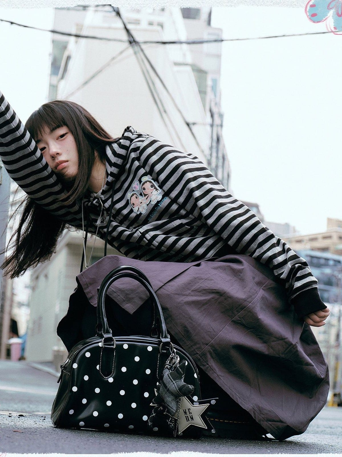 MEDM Cropped Striped Applique Zip Hoodie in Black - On Female Model