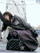 MEDM Cropped Striped Applique Zip Hoodie in Black - On Female Model
