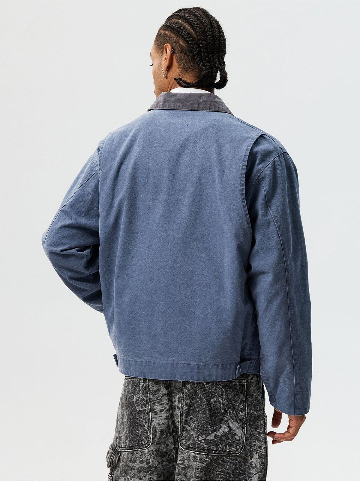MEDM Washed Cotton Detroit Zip Up Jacket in Blue - On Model