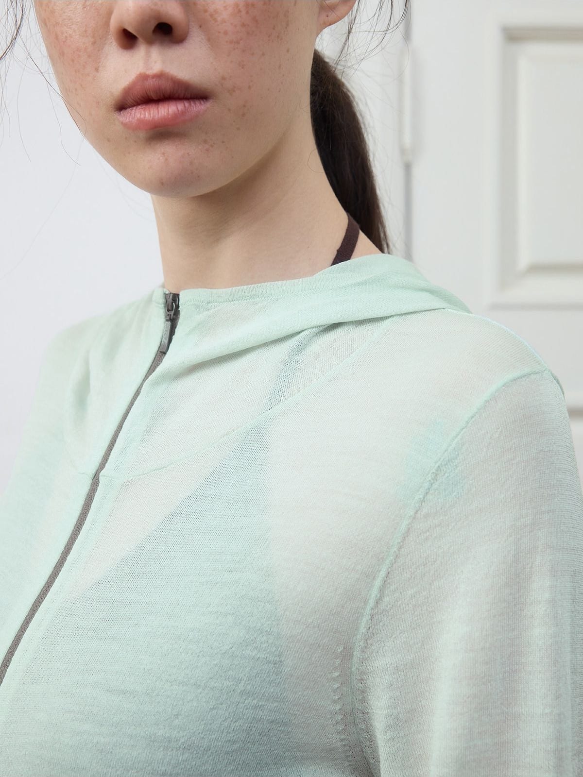 Random Piece Lightweight Merino Hooded Zip Cardigan in Mint - On Female Model