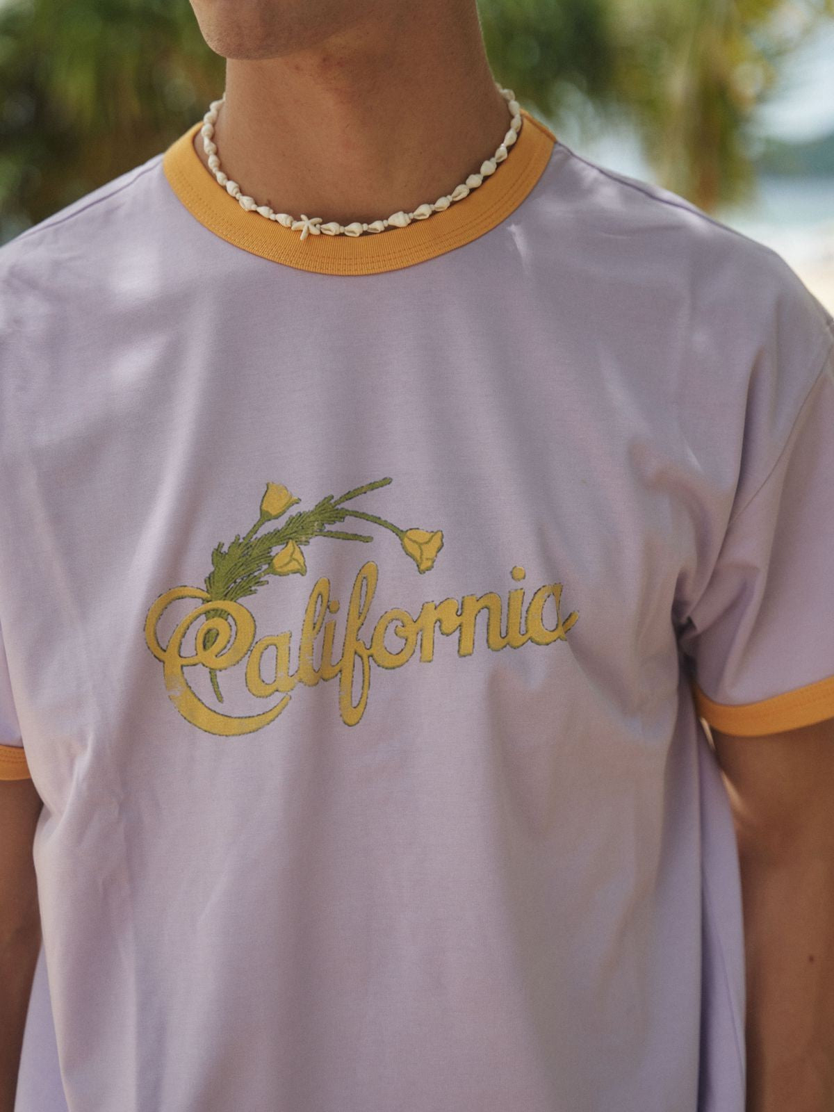 Retro 21 California Graphic Ringer T Shirt in Lavender - On Male Model